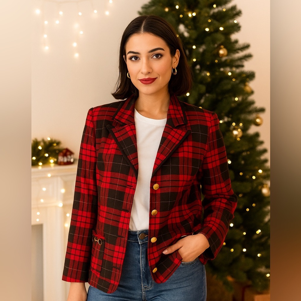 Vintage Red Plaid gold horsebit pocket Blazer size 11